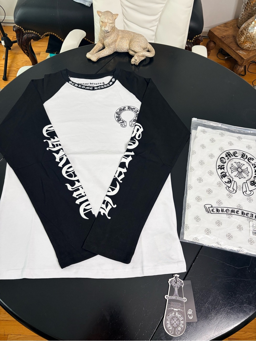 Chrome Hearts Black & White Long-Sleeve Raglan Tee with Script Graphics